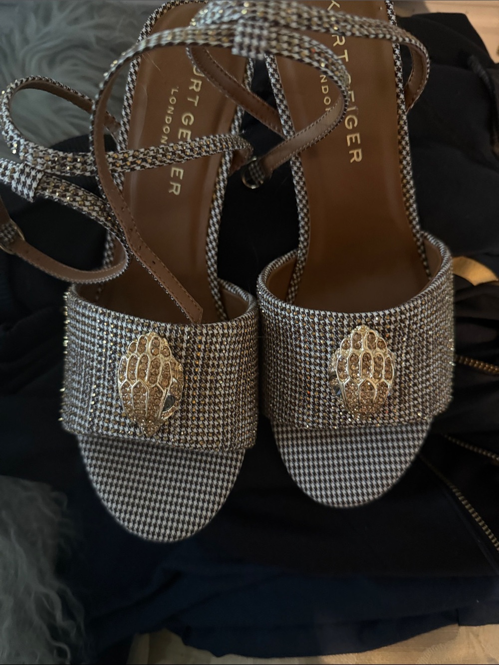 Kurt Geiger Black & White Houndstooth Crystal-Embellished Strappy Heels